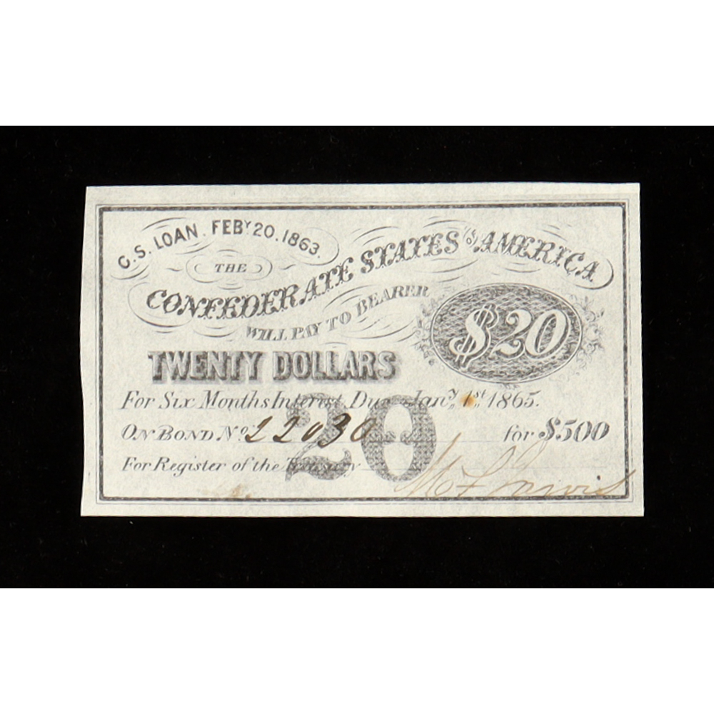 1863 $20 Confederate States of America CSA Bond Coupon at PristineAuction.com