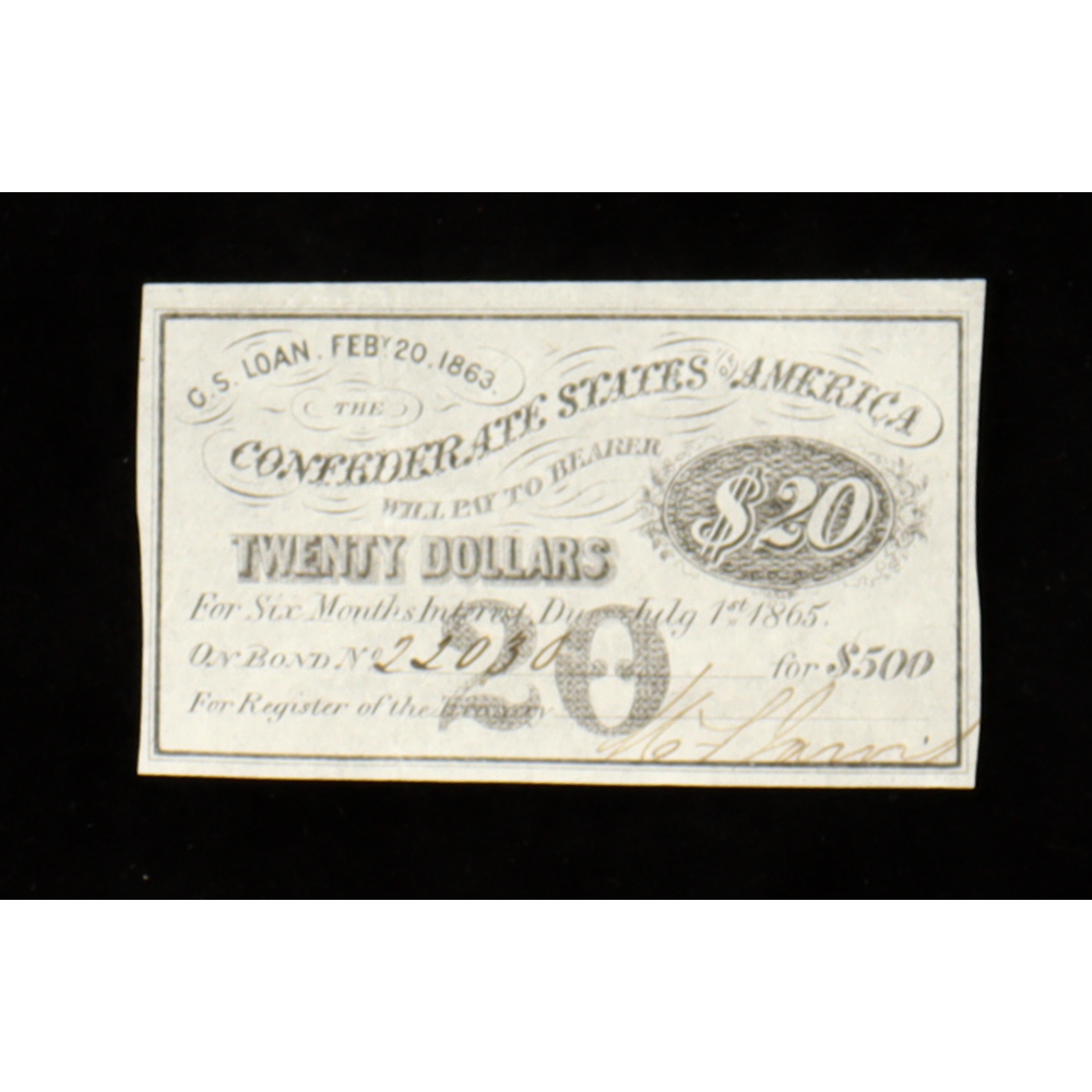 1863 $20 Confederate States of America CSA Bond Coupon at PristineAuction.com