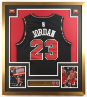 Michael Jordan Custom Framed Jersey Display With (2) Bulls Pins & (2) Bulls Logo Patches at PristineAuction.com