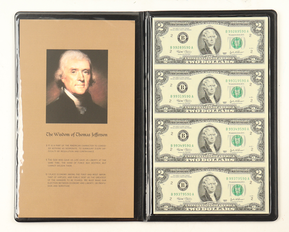 Uncut Sheet of (4) 2003 $2 Federal Reserve Bank Notes with Folder at PristineAuction.com Uncut Sheet of (4) 2003 $2 Federal Reserve Bank Notes with Folder at PristineAuction.com