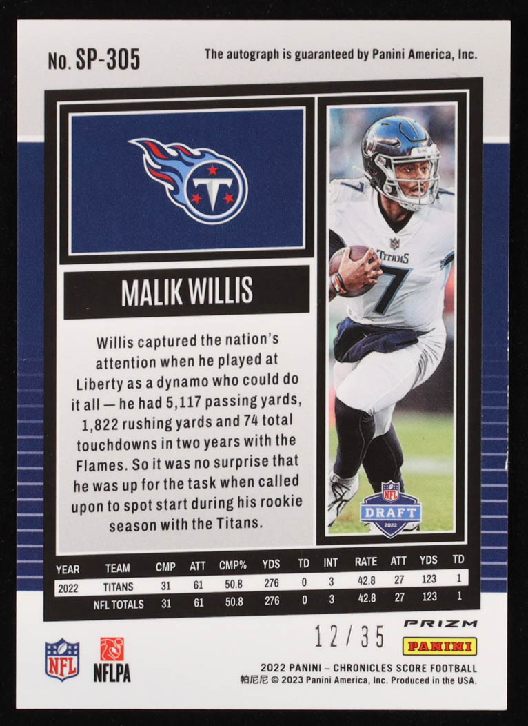 Malik Willis 2022 Panini Chronicles Score Premium Rookies Artists Proof #SP305 RC #12/35 at PristineAuction.com Malik Willis 2022 Panini Chronicles Score Premium Rookies Artists Proof #SP305 RC #12/35 at PristineAuction.com