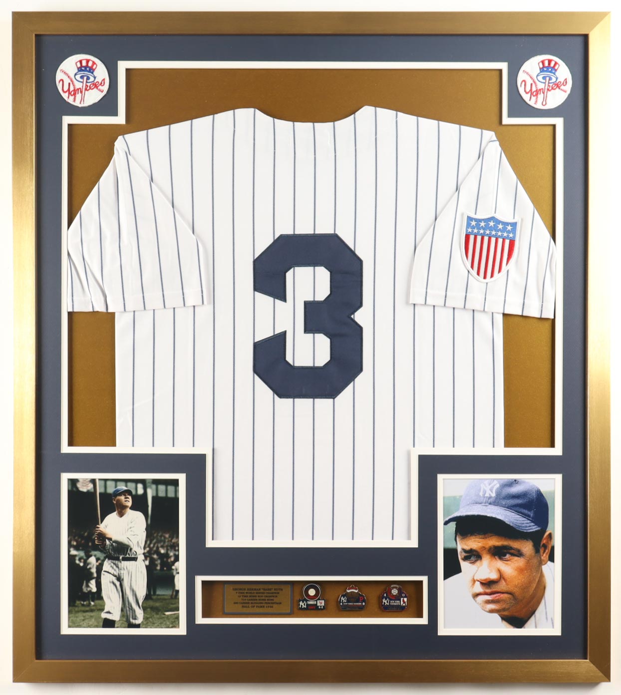 Babe Ruth Yankees Custom Framed Jersey Display with (2) Cloth Logo Patches & 1923, 27, 28 Yankees World Series Pins at PristineAuction.com Babe Ruth Yankees Custom Framed Jersey Display with (2) Cloth Logo Patches & 1923, 27, 28 Yankees World Series Pins at PristineAuction.com