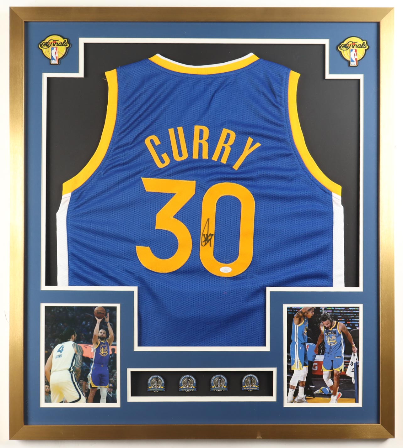 Stephen Curry Signed Custom Framed Jersey Display with (4) Champions Pins (JSA) at PristineAuction.com Stephen Curry Signed Custom Framed Jersey Display with (4) Champions Pins (JSA) at PristineAuction.com
