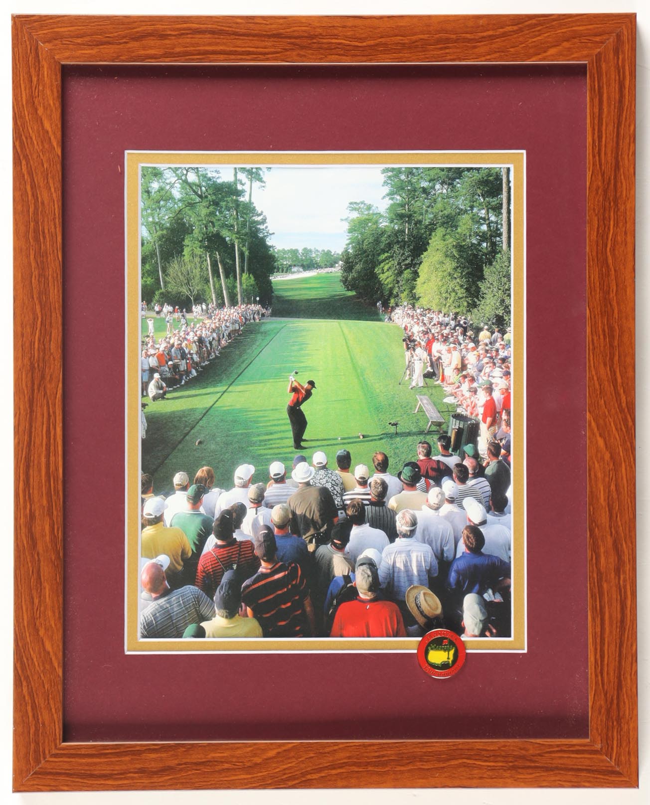 "Tiger Woods on the 18th Tee at The Masters" Custom Framed Photo Display with Masters Tournament Pin at PristineAuction.com "Tiger Woods on the 18th Tee at The Masters" Custom Framed Photo Display with Masters Tournament Pin at PristineAuction.com