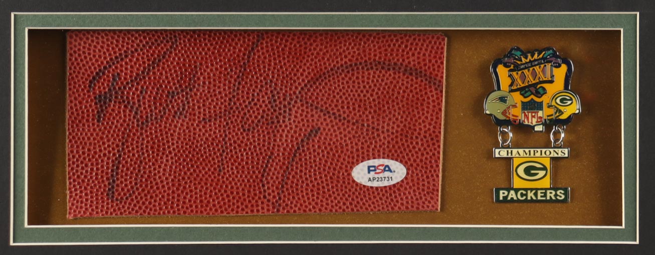 Brett Favre Signed Custom Framed Football Leather Cut Display with Jersey & Packers Super Bowl XXXI Champions Pin (PSA) at PristineAuction.com Brett Favre Signed Custom Framed Football Leather Cut Display with Jersey & Packers Super Bowl XXXI Champions Pin (PSA) at PristineAuction.com