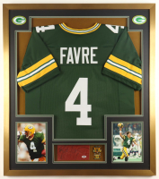Brett Favre Signed Custom Framed Football Leather Cut Display with Jersey & Packers Super Bowl XXXI Champions Pin (PSA) at PristineAuction.com
