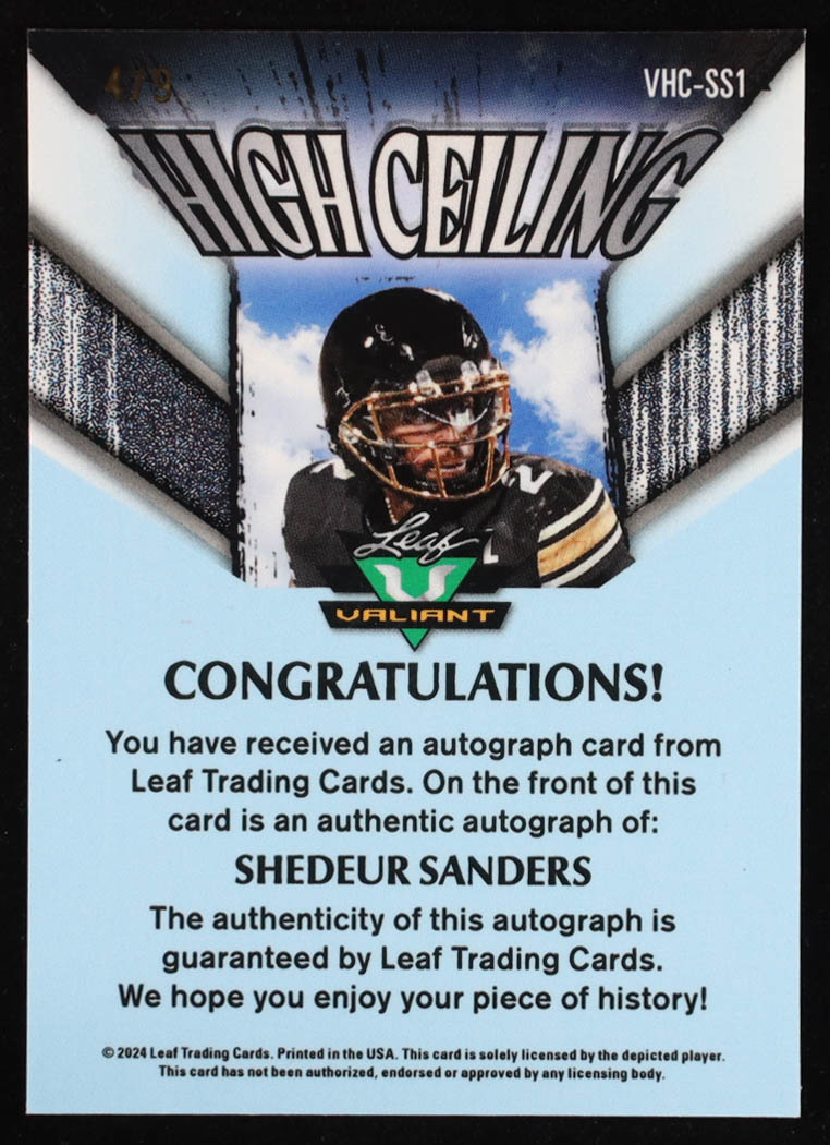 Shedeur Sanders Signed 2024 Leaf Valiant High Ceiling Autograph Prismatic Red #VHC-SS1 #4/9 at PristineAuction.com Shedeur Sanders Signed 2024 Leaf Valiant High Ceiling Autograph Prismatic Red #VHC-SS1 #4/9 at PristineAuction.com