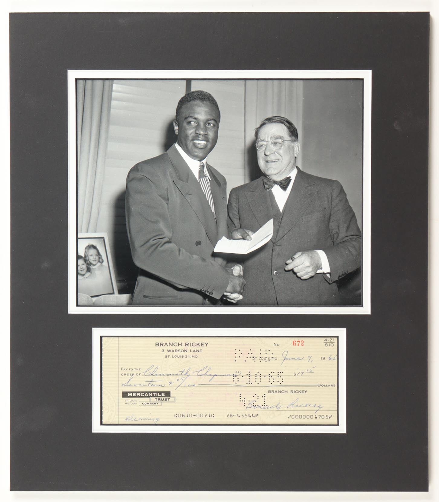Branch Rickey Signed 1965 Custom Matted Personal Bank Check Display (JSA) at PristineAuction.com Branch Rickey Signed 1965 Custom Matted Personal Bank Check Display (JSA) at PristineAuction.com