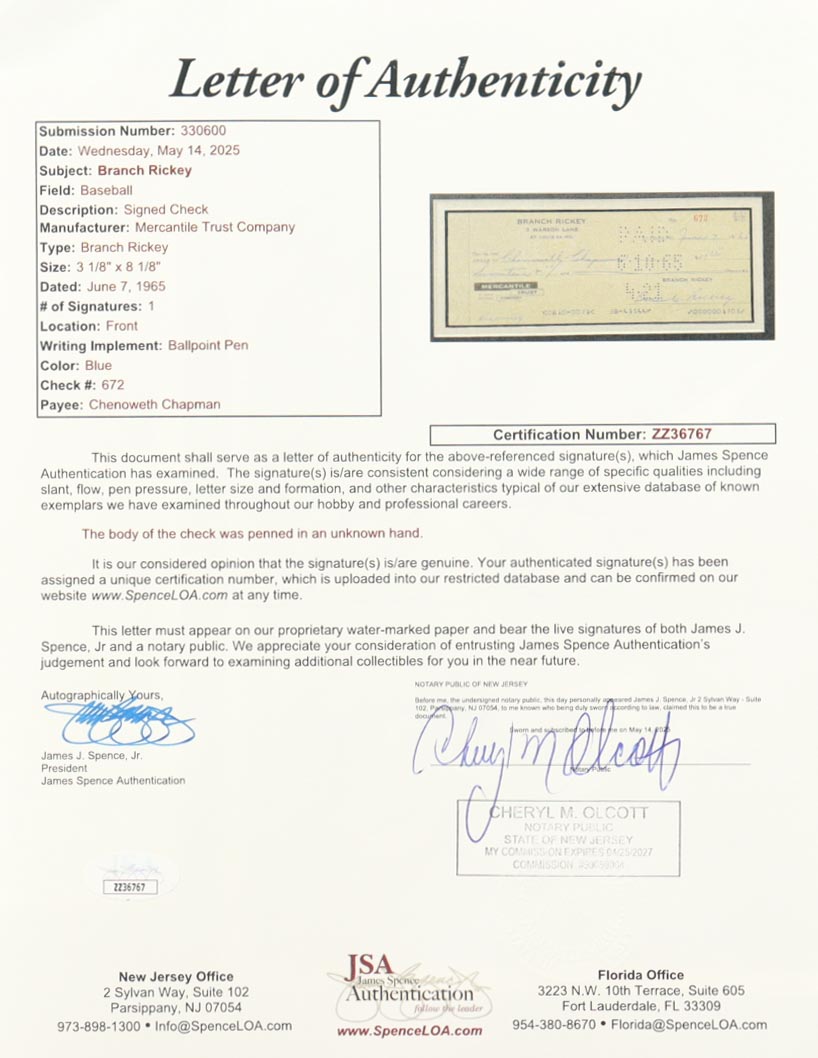 Branch Rickey Signed 1965 Custom Matted Personal Bank Check Display (JSA) at PristineAuction.com Branch Rickey Signed 1965 Custom Matted Personal Bank Check Display (JSA) at PristineAuction.com
