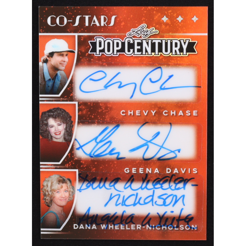 2025 Leaf Pop Century Metal Co-Stars 3 Autographs Prismatic Orange Chevy Chase / Geena Davis / Dana Wheeler-Nicholson #CS34 #1/3 at PristineAuction.com