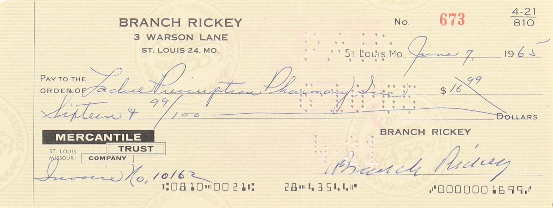 Branch Rickey Signed 1965 Personal Bank Check (JSA) at PristineAuction.com Branch Rickey Signed 1965 Personal Bank Check (JSA) at PristineAuction.com