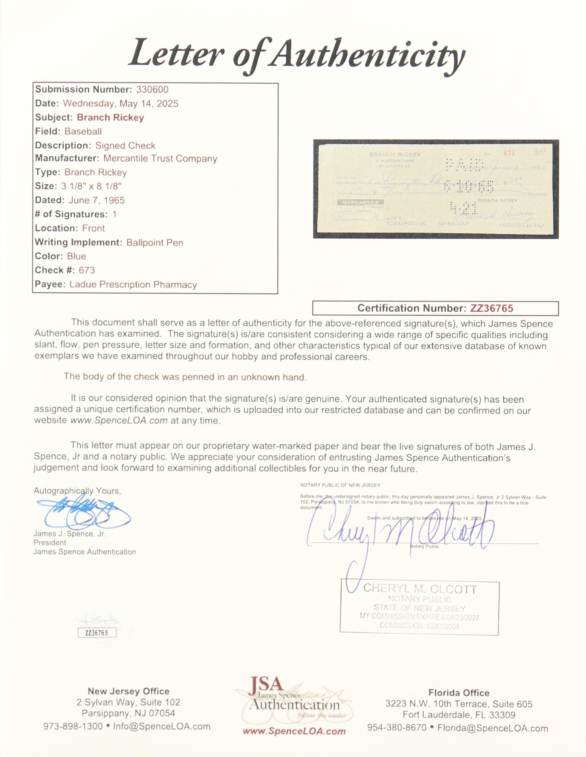 Branch Rickey Signed 1965 Personal Bank Check (JSA) at PristineAuction.com Branch Rickey Signed 1965 Personal Bank Check (JSA) at PristineAuction.com