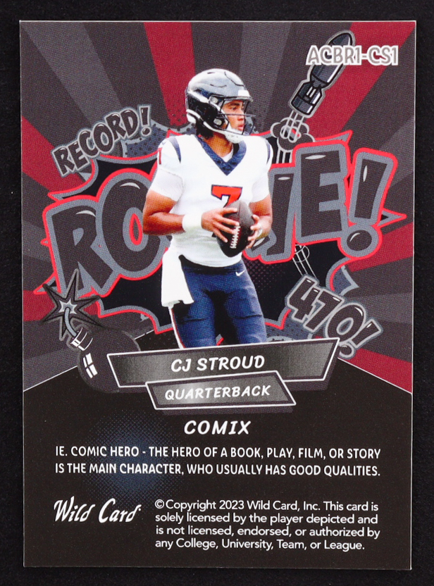 CJ Stroud 2023 Wild Card Alumination Comix Black and Red Mojo #ACBR1CS1 RC #7/12 at PristineAuction.com CJ Stroud 2023 Wild Card Alumination Comix Black and Red Mojo #ACBR1CS1 RC #7/12 at PristineAuction.com