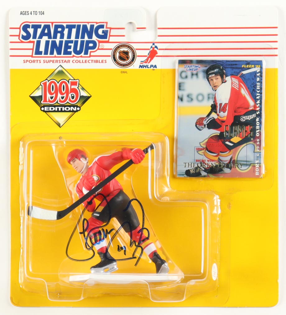Theoren Fleury Signed Flames 1995 Starting Lineup 4" Figure With Trading Card (JSA) at PristineAuction.com Theoren Fleury Signed Flames 1995 Starting Lineup 4" Figure With Trading Card (JSA) at PristineAuction.com