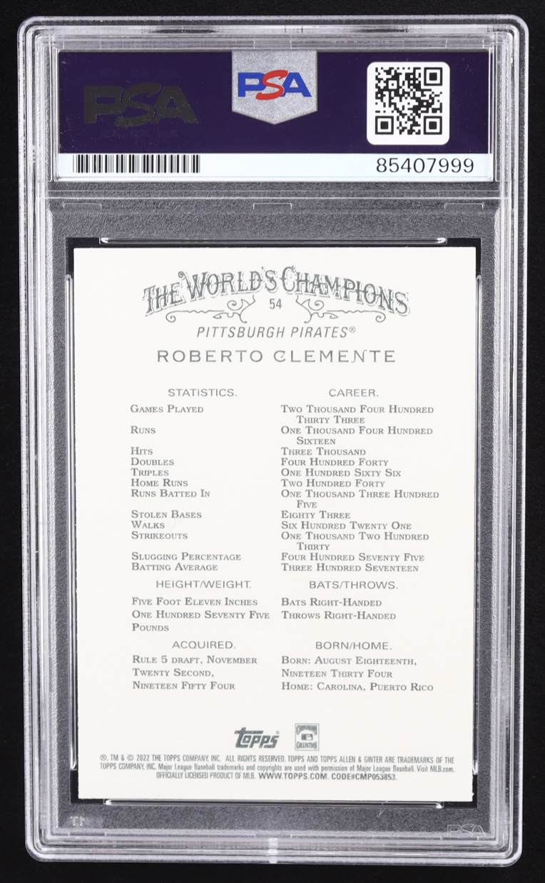 Roberto Clemente Signed 2022 Topps Allen and Ginter Black Border #54 (PSA) at PristineAuction.com Roberto Clemente Signed 2022 Topps Allen and Ginter Black Border #54 (PSA) at PristineAuction.com