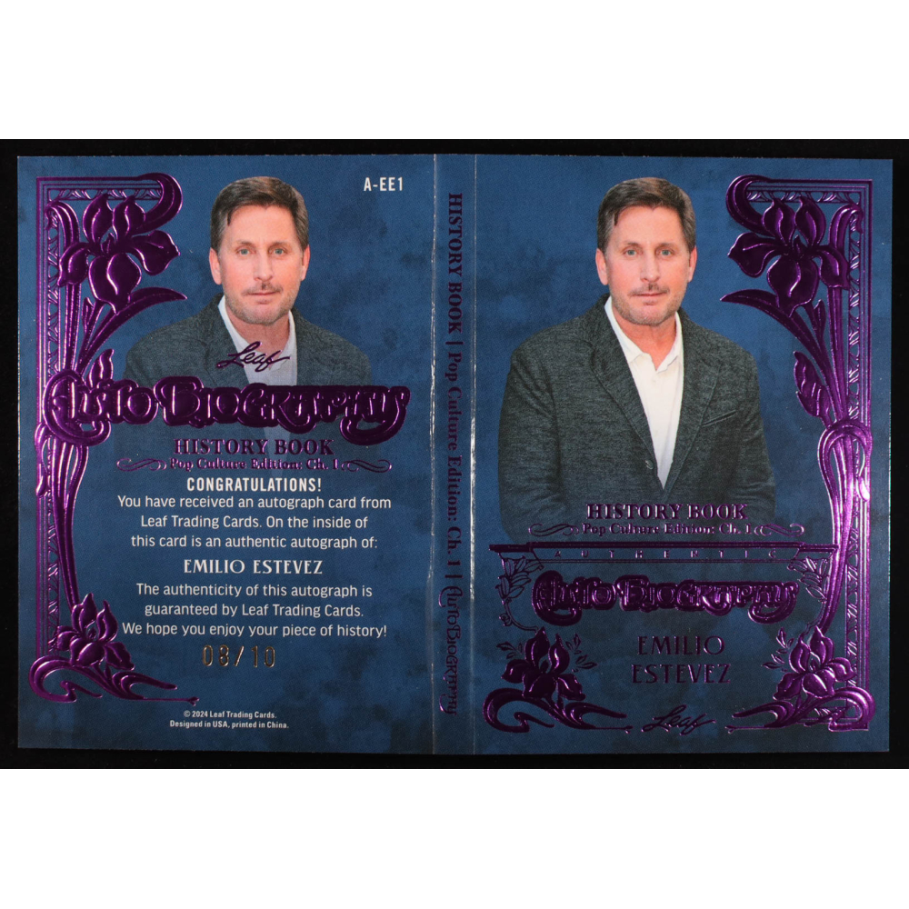 Emilio Estevez Signed 2025 Leaf History Book Auto Biography Purple #A-EE1 #08/10 at PristineAuction.com