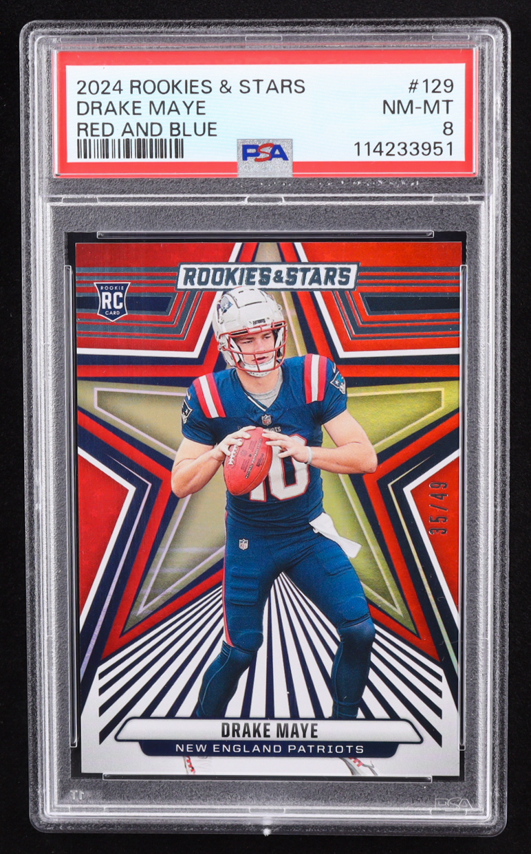 Drake Maye 2024 Rookies and Stars Red and Blue #129 RC #35/49 (PSA 8) at PristineAuction.com Drake Maye 2024 Rookies and Stars Red and Blue #129 RC #35/49 (PSA 8) at PristineAuction.com