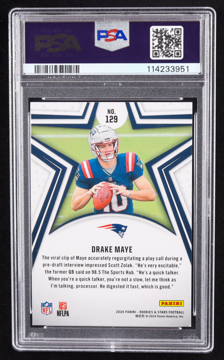 Drake Maye 2024 Rookies and Stars Red and Blue #129 RC #35/49 (PSA 8) at PristineAuction.com Drake Maye 2024 Rookies and Stars Red and Blue #129 RC #35/49 (PSA 8) at PristineAuction.com