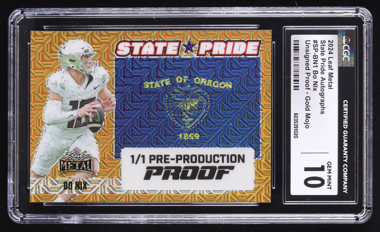 Bo Nix 2024 Leaf Metal State Pride Gold Mojo Pre-Production Proof #SPBN1 RC #1/1 (CGC 10) at PristineAuction.com Bo Nix 2024 Leaf Metal State Pride Gold Mojo Pre-Production Proof #SPBN1 RC #1/1 (CGC 10) at PristineAuction.com