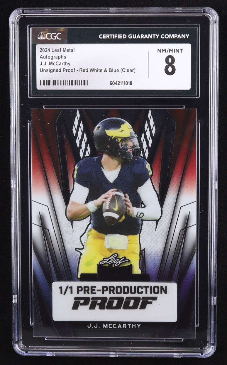 JJ McCarthy 2024 Leaf Metal Red White and Blue Clear Pre-Production Proof RC #1/1 (CGC 10) at PristineAuction.com JJ McCarthy 2024 Leaf Metal Red White and Blue Clear Pre-Production Proof RC #1/1 (CGC 10) at PristineAuction.com