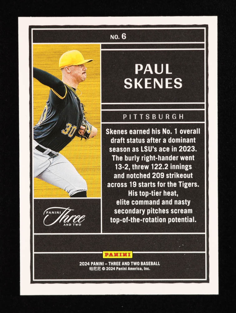 Paul Skenes 2024 Panini Three and Two Draft Class Holo Gold #6 #02/10 RC at PristineAuction.com Paul Skenes 2024 Panini Three and Two Draft Class Holo Gold #6 #02/10 RC at PristineAuction.com