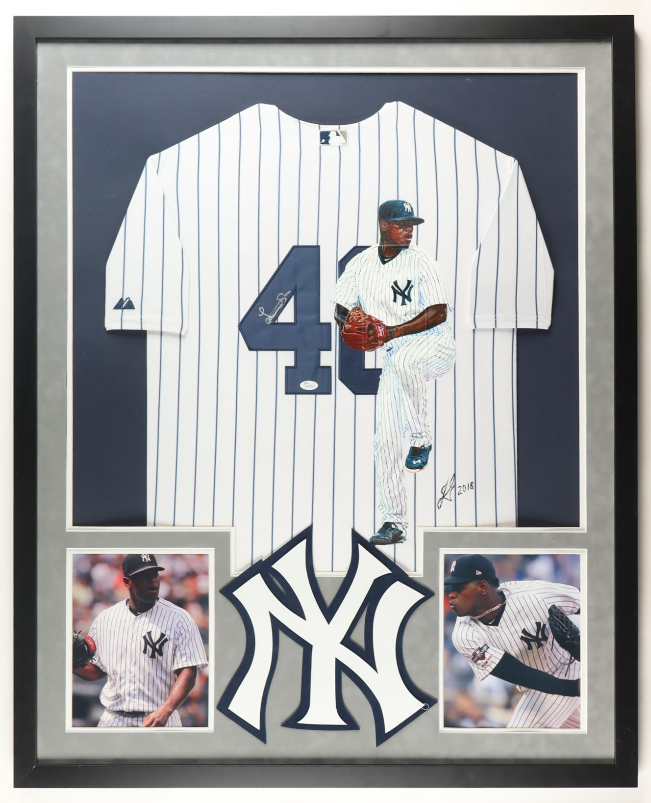 Luis Severino Signed Yankees Custom Framed Majestic Jersey with Custom-Painted Signer Portrait (JSA) at PristineAuction.com Luis Severino Signed Yankees Custom Framed Majestic Jersey with Custom-Painted Signer Portrait (JSA) at PristineAuction.com