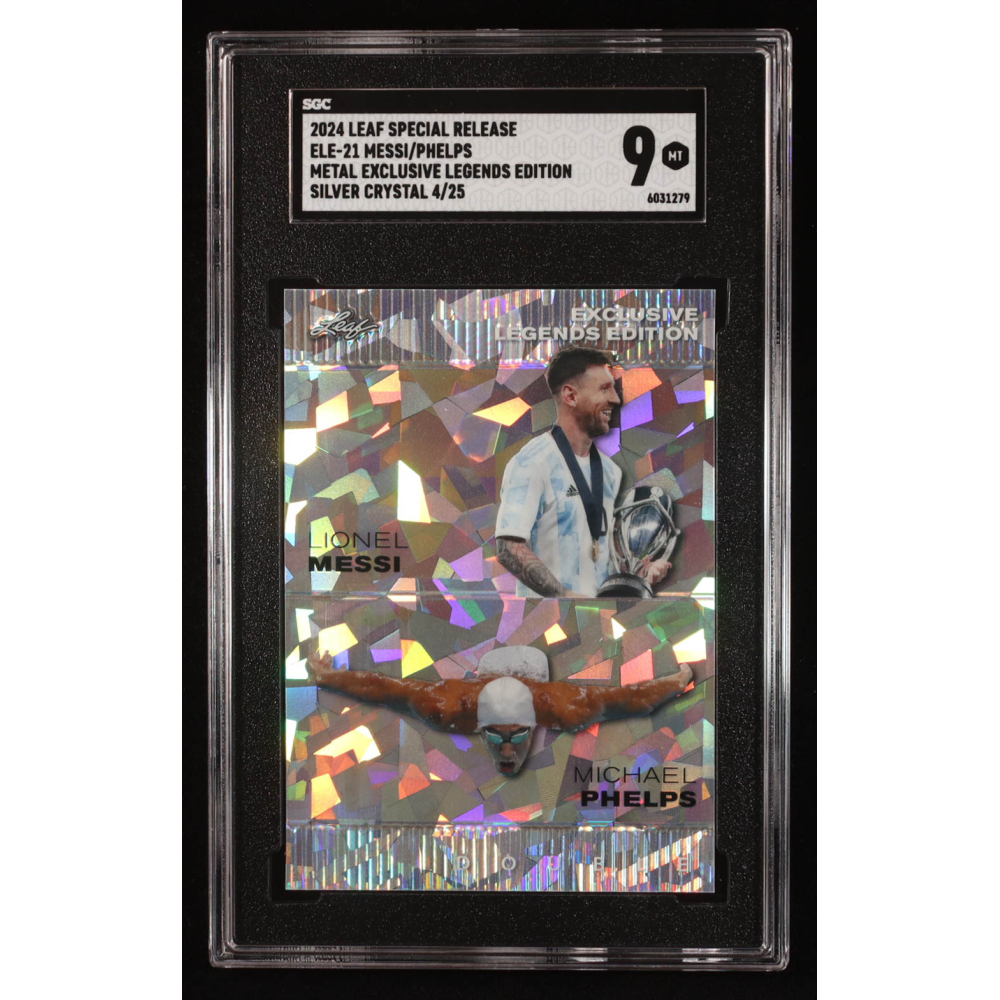 Lionel Messi / Michael Phelps 2023 Leaf Metal Special Release Exclusive Legends Edition Silver Crystal #ELE-21 #04/25 (SGC 9) at PristineAuction.com