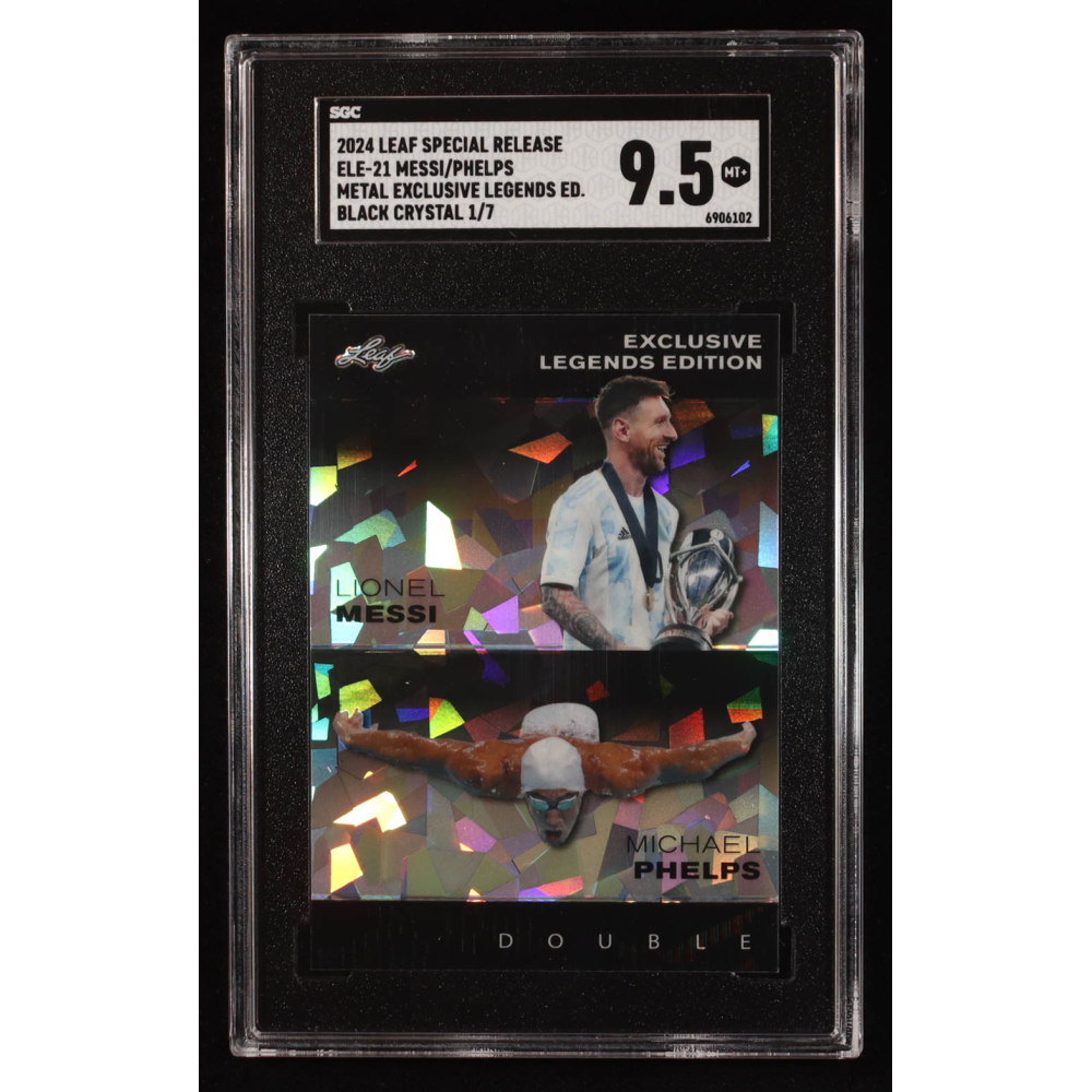 Lionel Messi / Michael Phelps 2023 Leaf Metal Special Release Exclusive Legends Edition Black Crystal #ELE-21 #1/7 (SGC 9.5) at PristineAuction.com