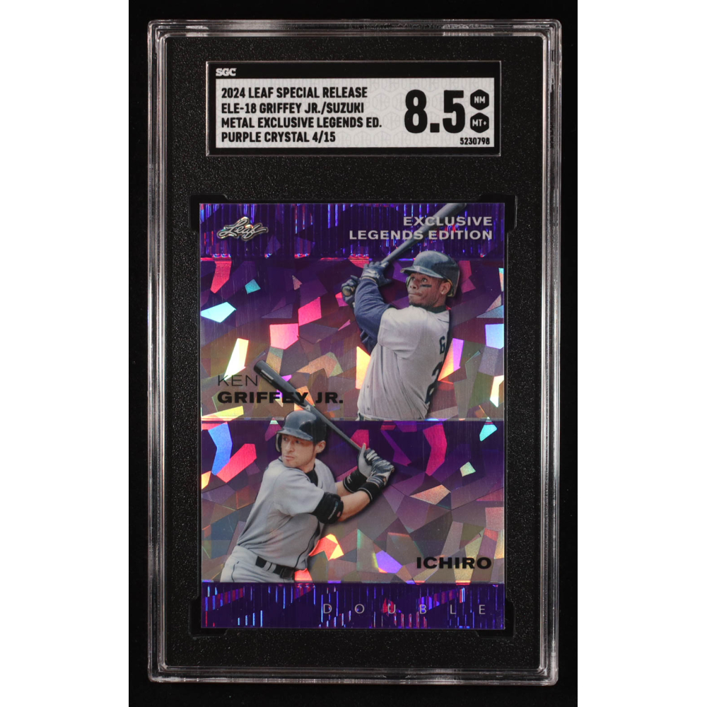 Ken Griffey Jr. / Ichiro Suzuki 2024 Leaf Metal Special Release Exclusive Legends Edition Purple Crystal #ELE-18 #04/15 (SGC 8.5) at PristineAuction.com