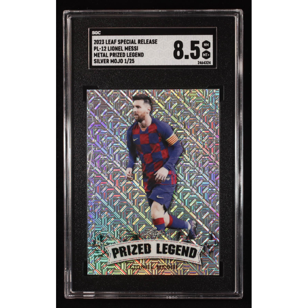 Lionel Messi 2023 Leaf Metal Special Release Prized Legend Silver Mojo #PL-12 #01/25 (SGC 8.5) at PristineAuction.com