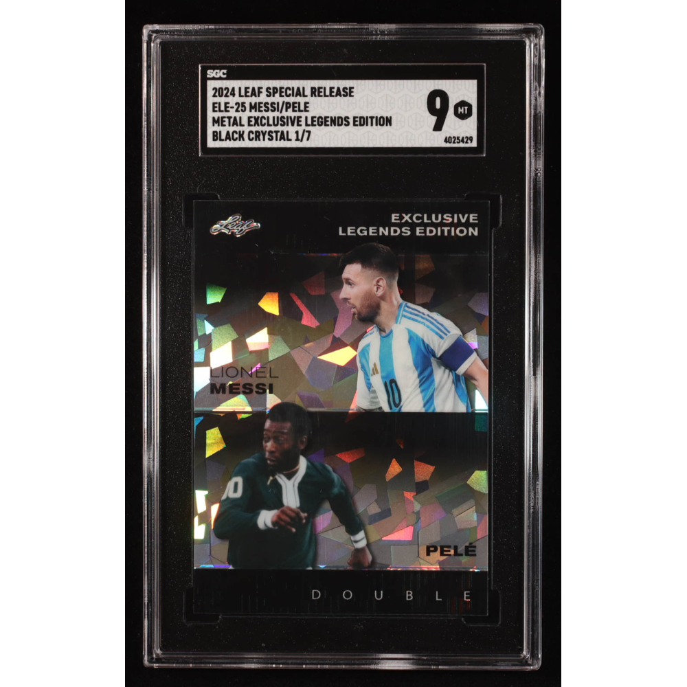 Lionel Messi / Pele 2024 Leaf Metal Special Release Exclusive Legends Edition Black Crystal #ELE-25 #1/7 (SGC 9) at PristineAuction.com