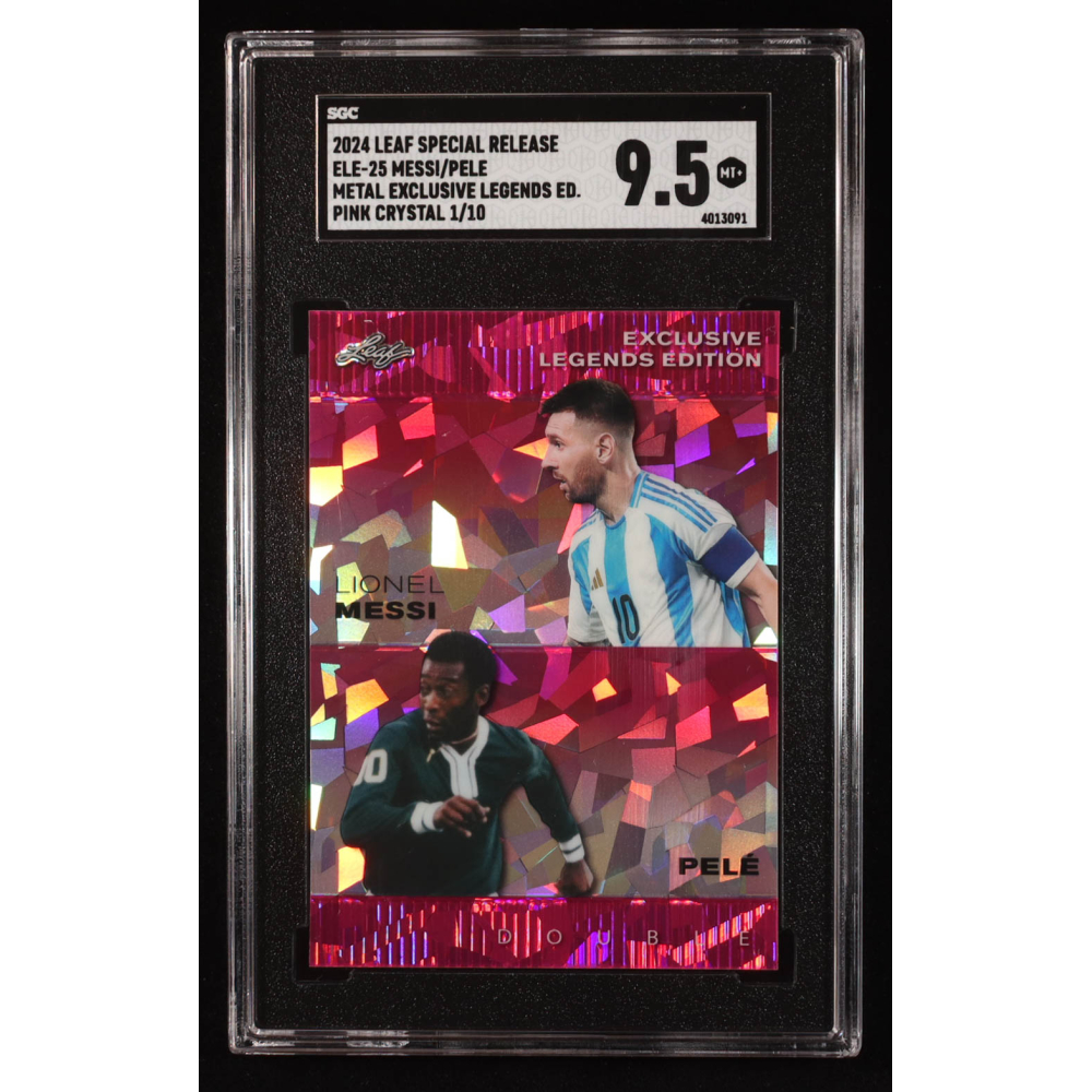 Lionel Messi / Pele 2024 Leaf Metal Special Release Exclusive Legends Edition Pink Crystal #ELE-25 #01/10 (SGC 9.5) at PristineAuction.com