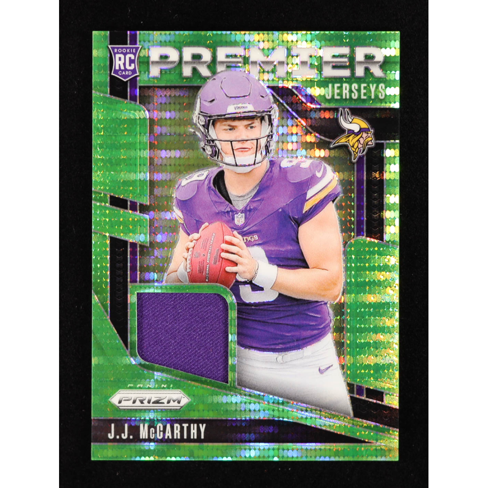 J.J. McCarthy 2024 Panini Prizm Premier Jerseys Neon Green Pulsar #8 RC at PristineAuction.com
