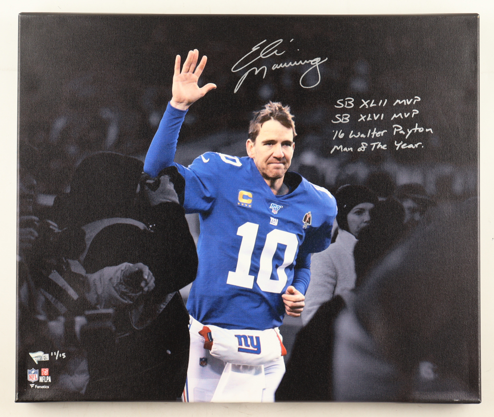 Eli Manning Signed LE Giants 20x24 Photo on Wrapped Canvas Inscribed "SB XLII MVP," "SB XLVI MVP" & "'16 Walter Payton Man of The Year" (Fanatics) at PristineAuction.com Eli Manning Signed LE Giants 20x24 Photo on Wrapped Canvas Inscribed "SB XLII MVP," "SB XLVI MVP" & "'16 Walter Payton Man of The Year" (Fanatics) at PristineAuction.com