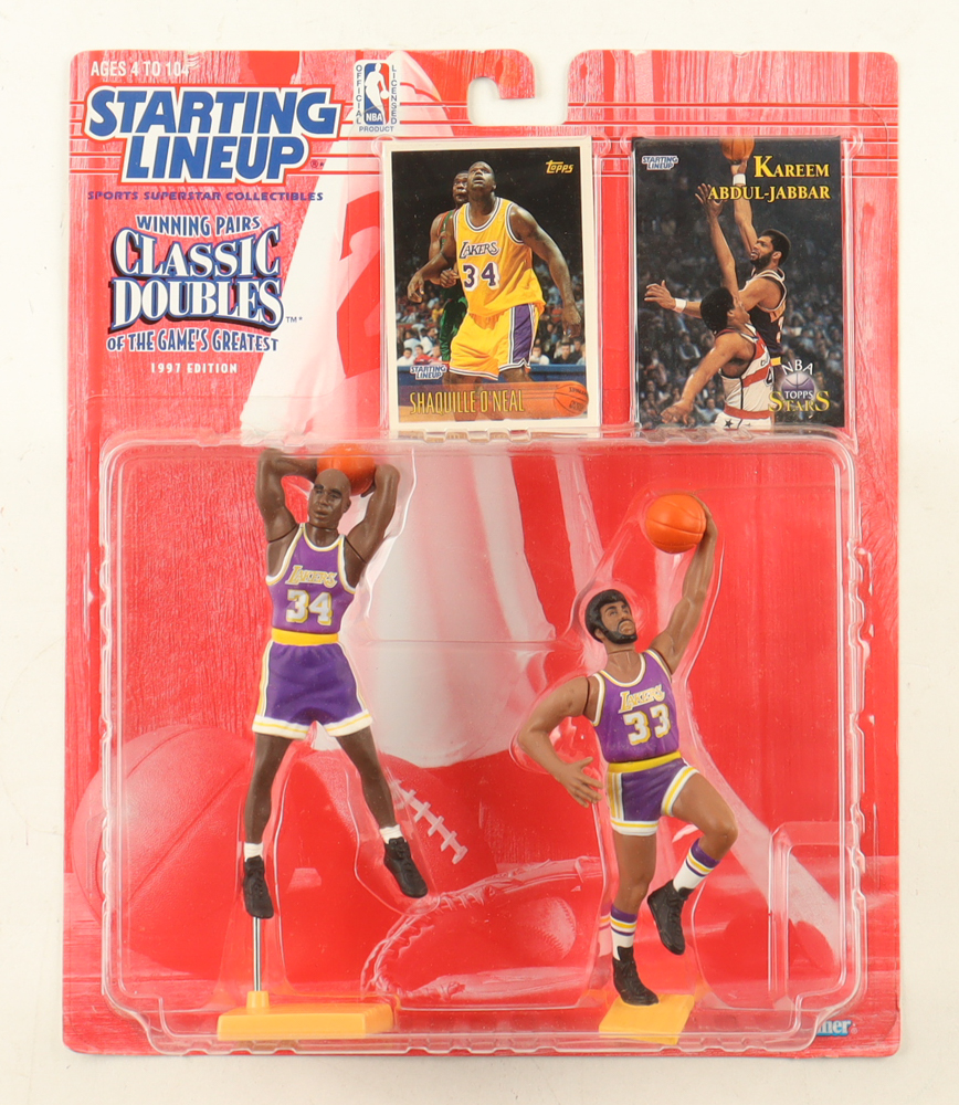 Shaquille O'Neal & Kareem Abdul-Jabbar 1997 Starting Lineup Lakers Vinyl Figures with Trading Cards in Original Packaging at PristineAuction.com Shaquille O'Neal & Kareem Abdul-Jabbar 1997 Starting Lineup Lakers Vinyl Figures with Trading Cards in Original Packaging at PristineAuction.com
