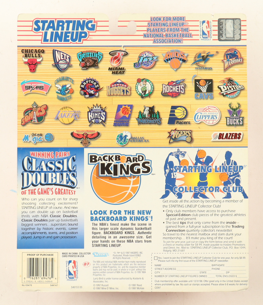 Shaquille O'Neal & Kareem Abdul-Jabbar 1997 Starting Lineup Lakers Vinyl Figures with Trading Cards in Original Packaging at PristineAuction.com Shaquille O'Neal & Kareem Abdul-Jabbar 1997 Starting Lineup Lakers Vinyl Figures with Trading Cards in Original Packaging at PristineAuction.com