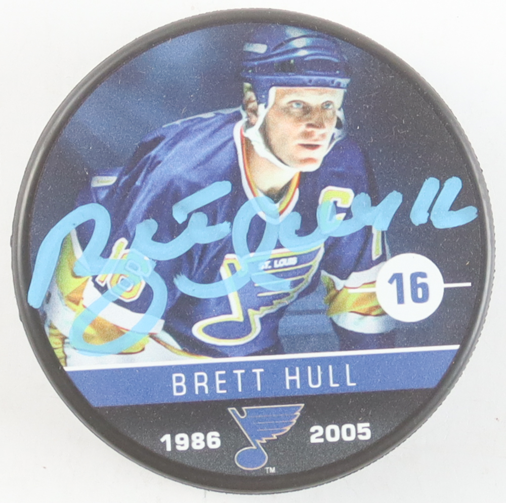 Brett Hull Signed Blues Commemorative Logo Hockey Puck (Premium Autographs) at PristineAuction.com Brett Hull Signed Blues Commemorative Logo Hockey Puck (Premium Autographs) at PristineAuction.com