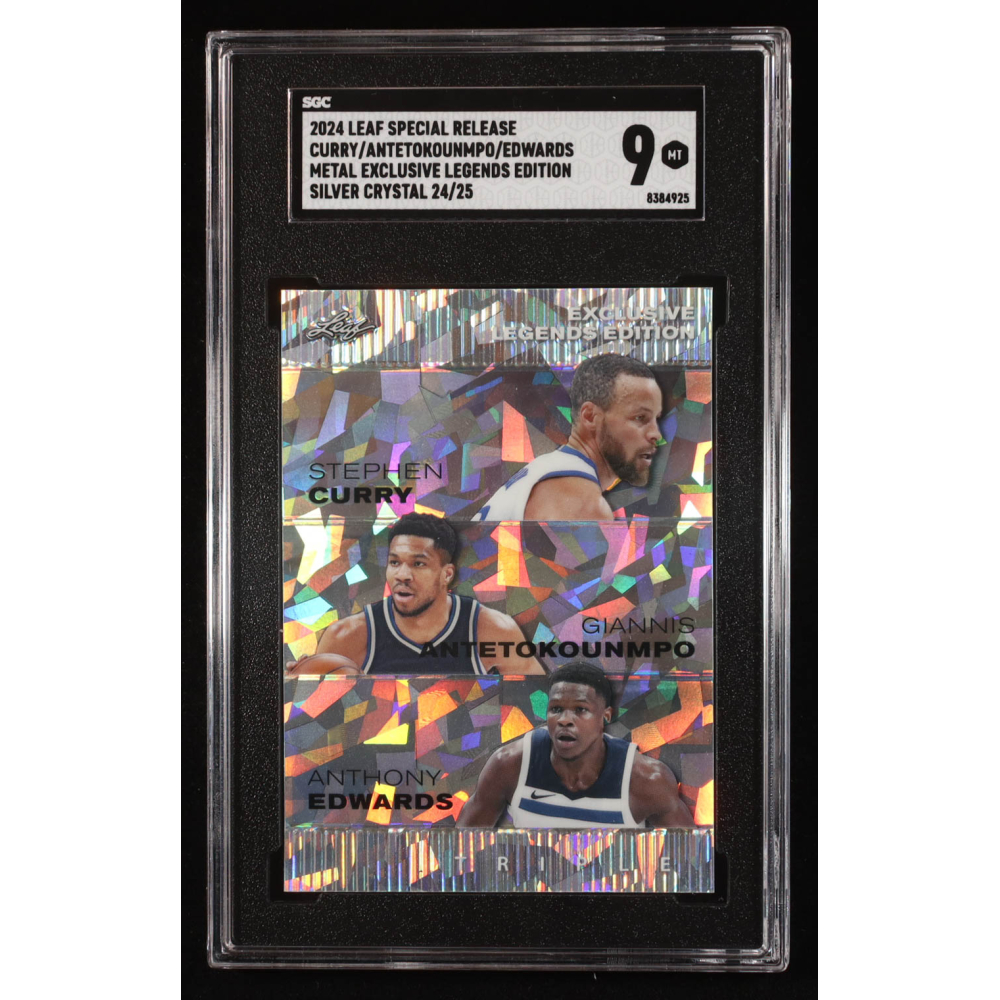 Stephen Curry / Giannis Antetokounmpo / Anthony Edwards 2024 Leaf Metal Special Release Exclusive Legends Silver Crystal #ELE74 #24/25 (SGC 9) at PristineAuction.com