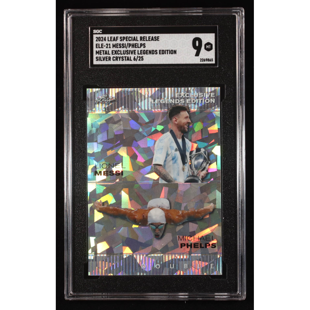 Lionel Messi / Michael Phelps 2024 Leaf Metal Special Release Exclusive Legends Silver Crystal #ELE21 #6/25 (SGC 9) at PristineAuction.com