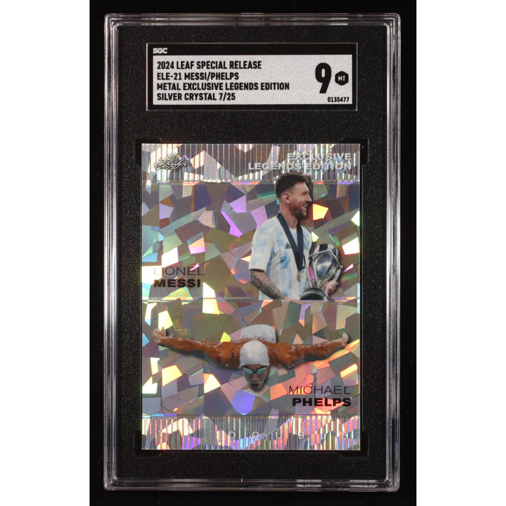 Lionel Messi / Michael Phelps 2024 Leaf Metal Special Release Exclusive Legends Silver Crystal #ELE21 #7/25 (SGC 9) at PristineAuction.com