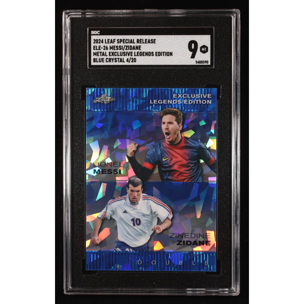 Lionel Messi / Zinedine Zidane 2024 Leaf Metal Special Release Metal Exclusive Legends Blue Crystal #ELE26 #4/20 (SGC 9) at PristineAuction.com