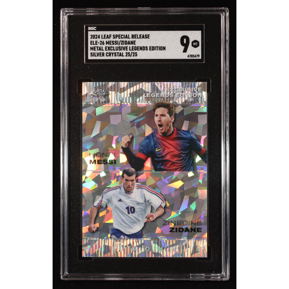 Lionel Messi / Zinedine Zidane 2024 Leaf Metal Special Release Metal Exclusive Legends Silver Crystal #ELE26 #25/25 (SGC 9) at PristineAuction.com