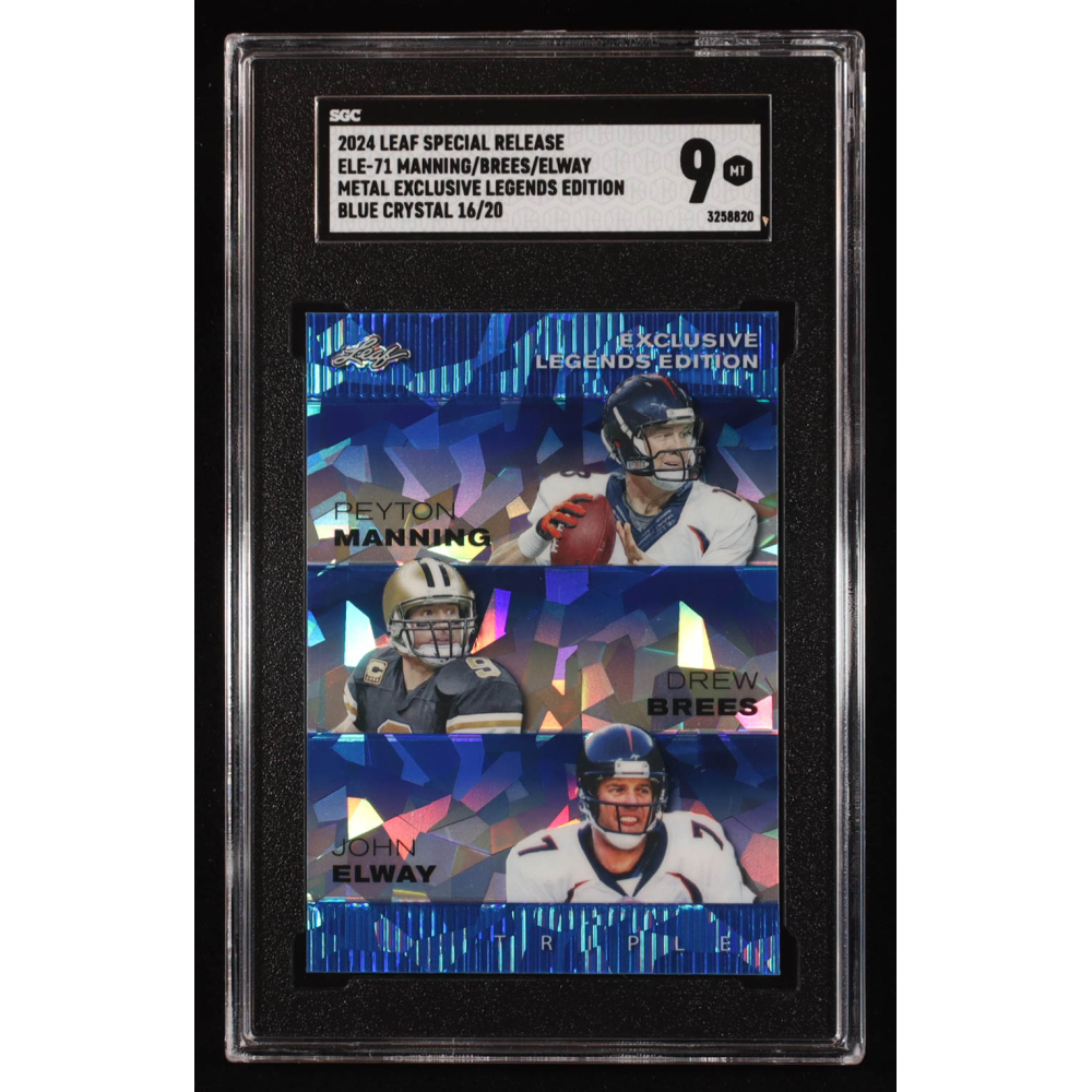 Peyton Manning / Drew Brees / John Elway 2024 Leaf Metal Special Release Exclusive Legends Blue Crystal #ELE71 #16/20 (SGC 9) at PristineAuction.com