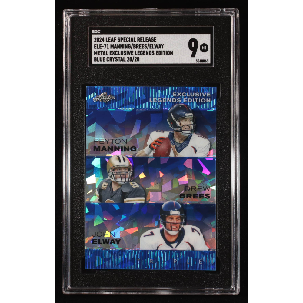 Peyton Manning / Drew Brees / John Elway 2024 Leaf Metal Special Release Exclusive Legends Blue Crystal #ELE71 #20/20 (SGC 9) at PristineAuction.com