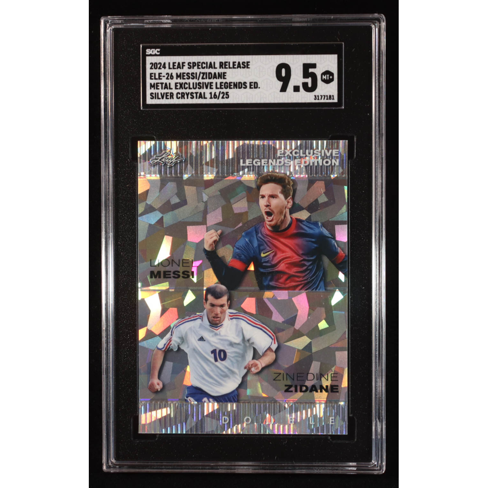 Lionel Messi / Zinedine Zidane 2024 Leaf Metal Special Release Metal Exclusive Legends Silver Crystal #ELE26 #16/25 (SGC 9.5) at PristineAuction.com