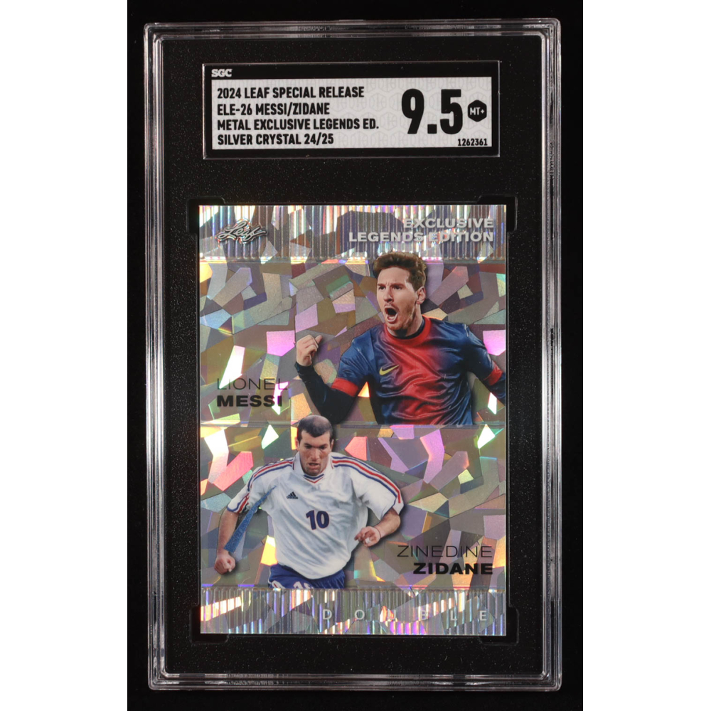 Lionel Messi / Zinedine Zidane 2024 Leaf Metal Special Release Metal Exclusive Legends Silver Crystal #ELE26 #24/25 (SGC 9.5) at PristineAuction.com