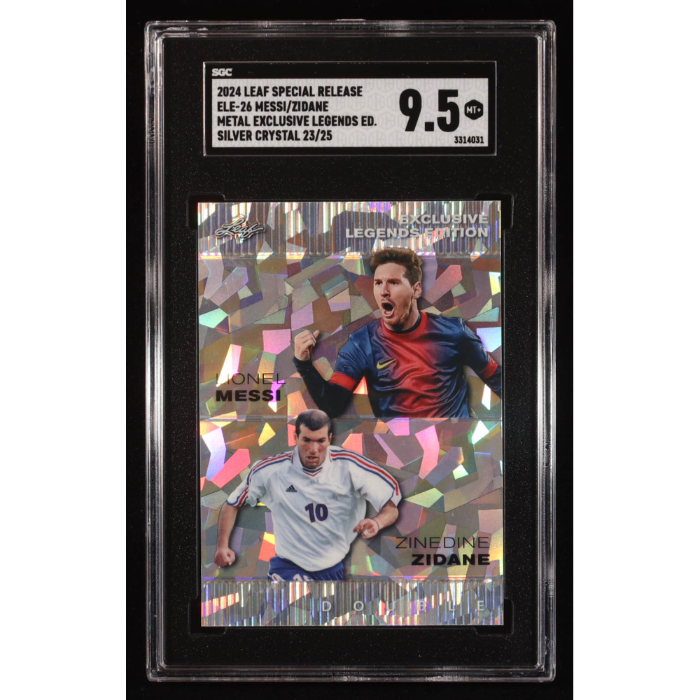 Lionel Messi / Zinedine Zidane 2024 Leaf Metal Special Release Metal Exclusive Legends Silver Crystal #ELE26 #23/25 (SGC 9.5) at PristineAuction.com