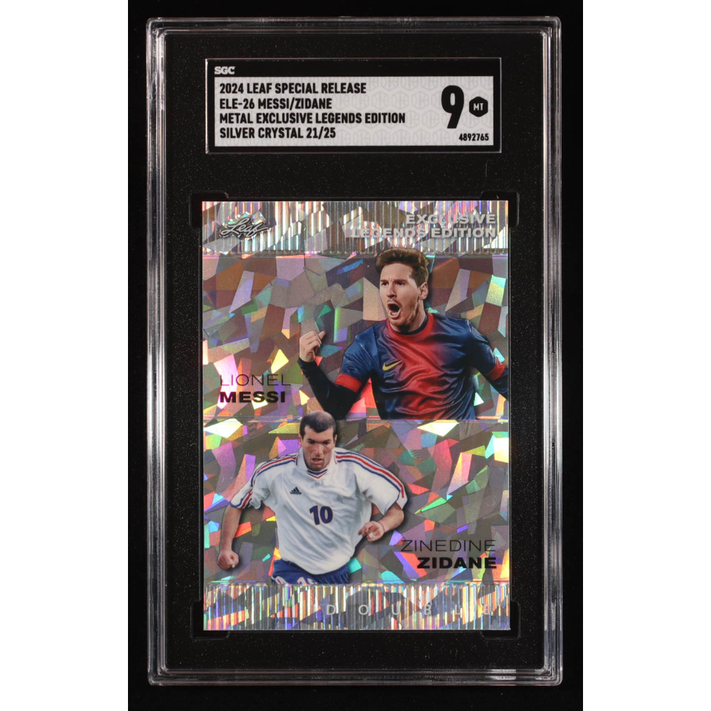 Lionel Messi / Zinedine Zidane 2024 Leaf Metal Special Release Metal Exclusive Legends Silver Crystal #ELE26 #21/25 (SGC 9) at PristineAuction.com