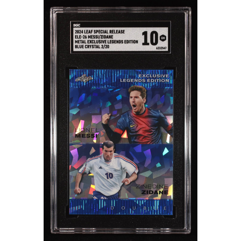 Lionel Messi / Zinedine Zidane 2024 Leaf Metal Special Release Metal Exclusive Legends Blue Crystal #ELE26 #2/20 (SGC 10) at PristineAuction.com