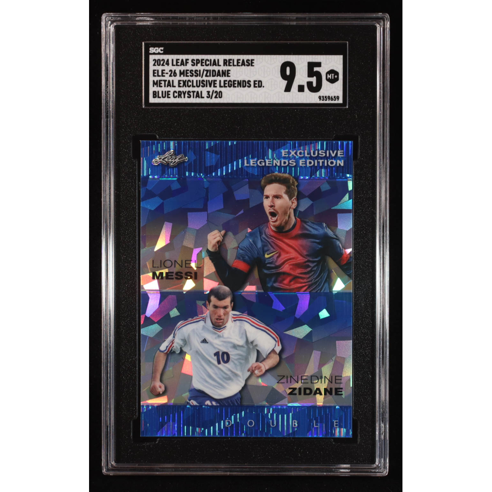 Lionel Messi / Zinedine Zidane 2024 Leaf Metal Special Release Metal Exclusive Legends Blue Crystal #ELE26 #3/20 (SGC 9.5) at PristineAuction.com